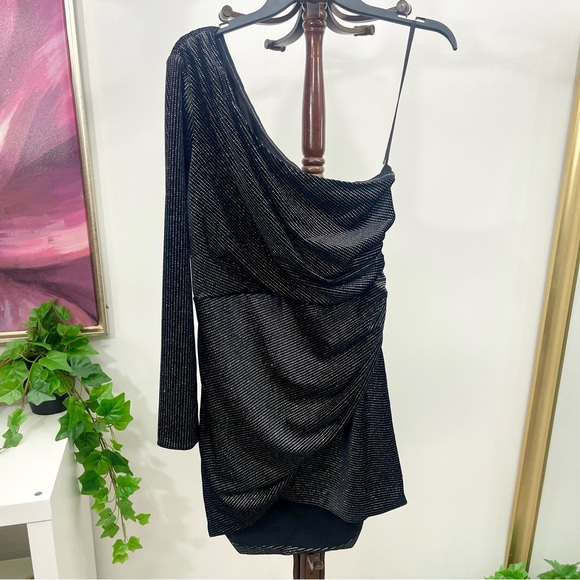 AllSaints Ezra Sparkle One-Shoulder Minidress in Black Size US 10 - Picture 7 of 13
